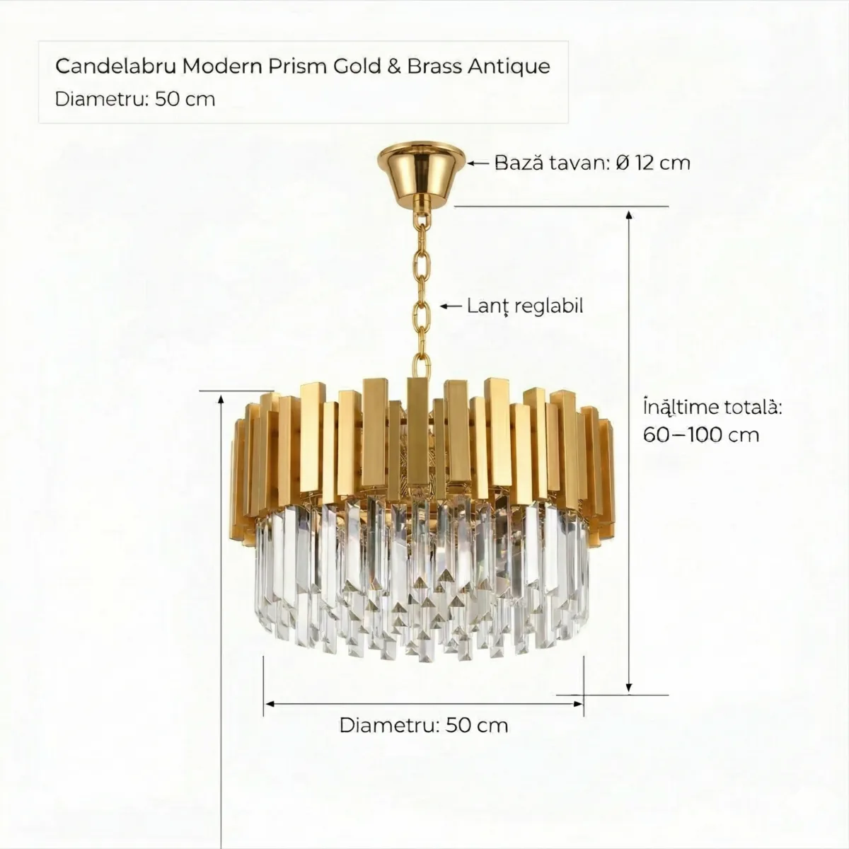 Candelabru Modern Prism Gold 50 cm – Cristal K9 Premium Transparent și Metal Auriu, 8 Becuri E14, Design Exclusiv pentru Living, Dining și Dormitor Master - imagine 9