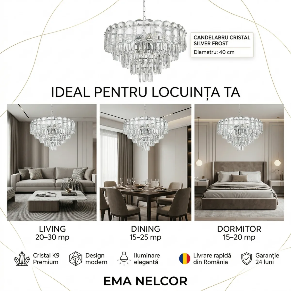 Candelabru Cristal Silver Frost 50 cm – Cristal K9 Premium și Metal Argintiu Satinat, 7 Surse E14, Design Modern de Lux pentru Living și Zone de Dining - imagine 6