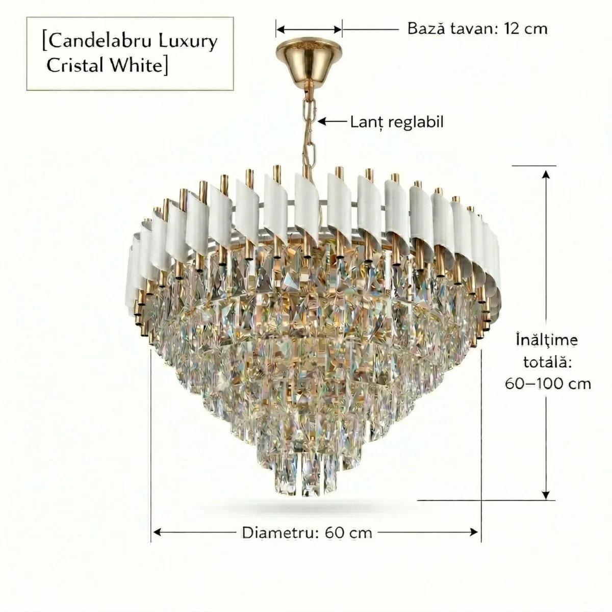 Candelabru Luxury Cristal White 60 cm – Cristal K9 Premium și Metal Alb, 8 Surse E14, Design Modern pentru Living-uri Spațioase, Lobby și Hotel - imagine 9