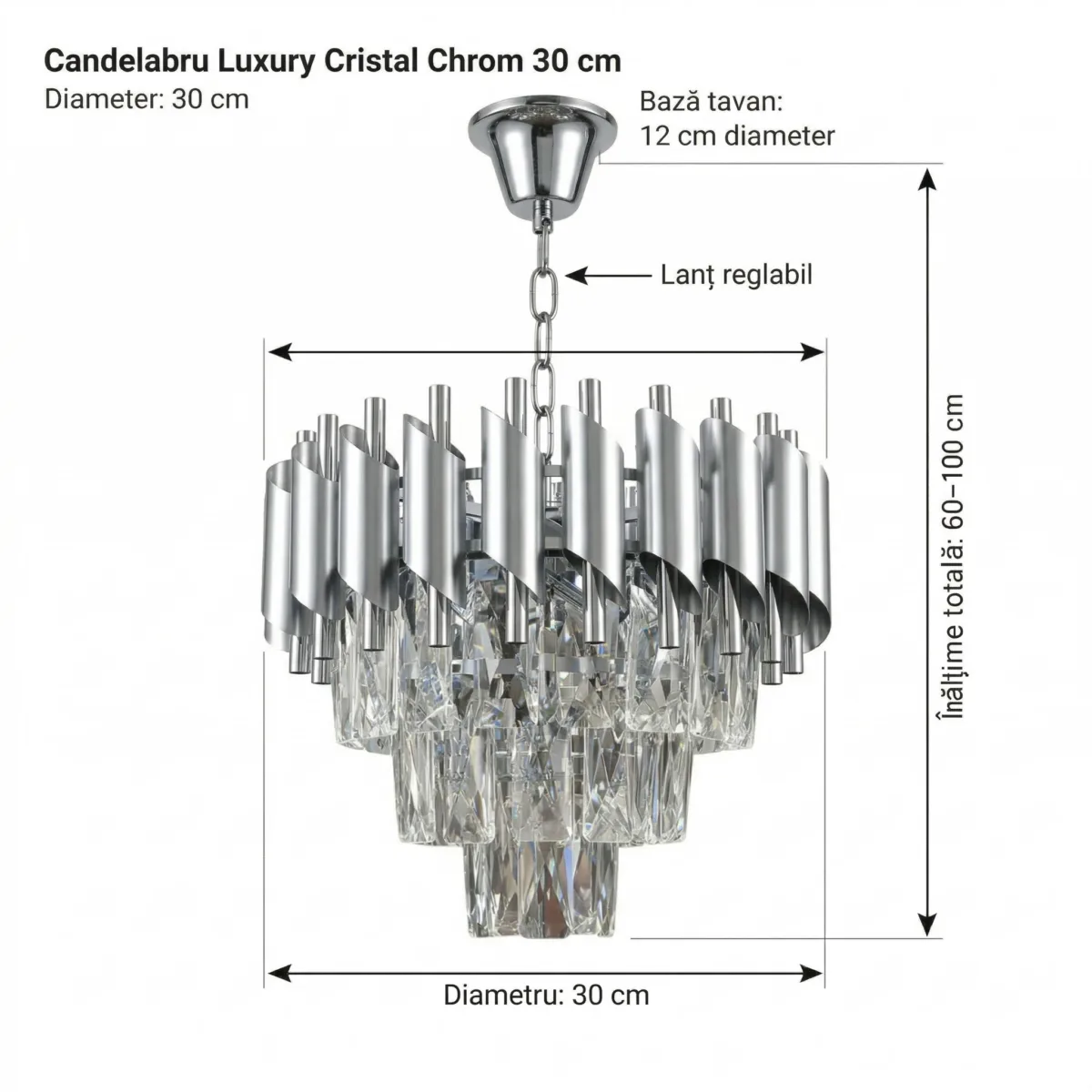 Candelabru Luxury Cristal Chrome 30 cm – Cristal K9 Premium și Metal Argintiu Cromat, 3 Surse E14, Design Modern pentru Hol, D - imagine 9