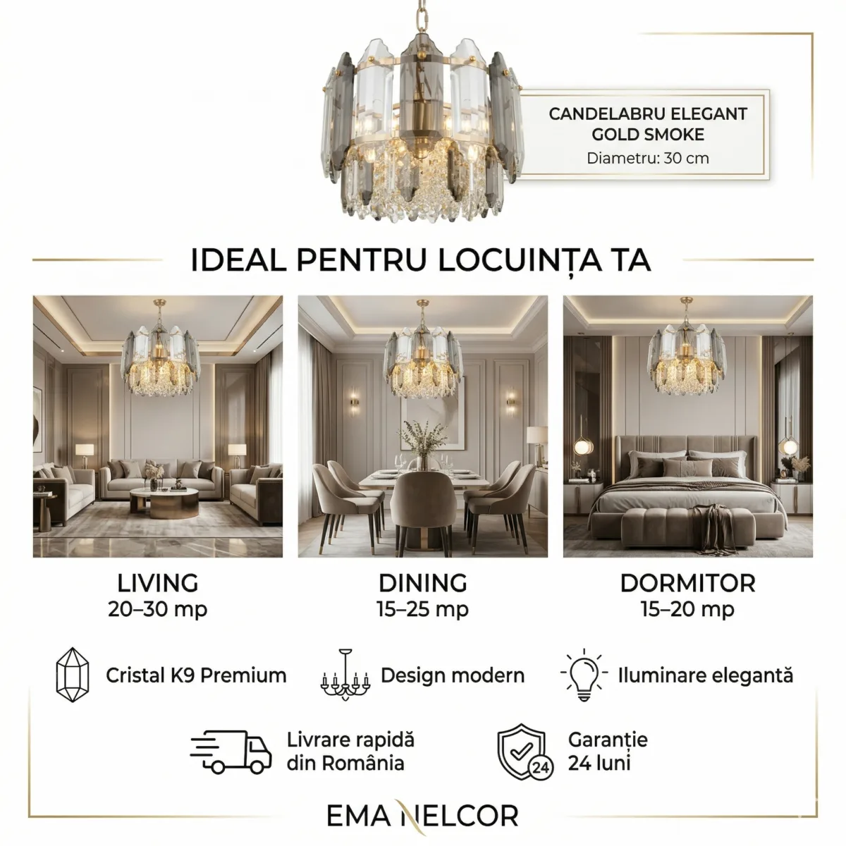 Candelabru Elegant Gold Smoke 30 cm – Cristal K9 Premium Fumuriu și Transparent, 3 Becuri E14, Design Modern de Lux pentru Holuri, Dormitoare și Zone de Accent - imagine 6