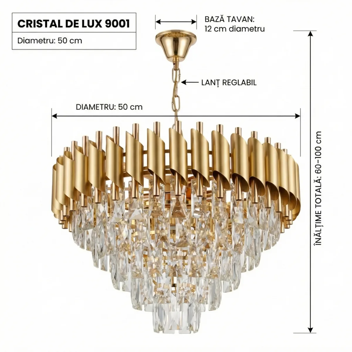 Candelabru Luxury Cristal Gold 50 cm – Cristal K9 Premium și Metal Auriu, 7 Becuri E14, Design Modern pentru Living și Dormitor - imagine 9