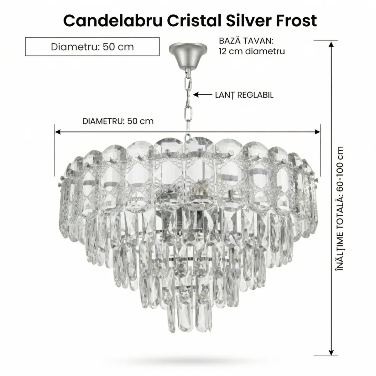 Candelabru Cristal Silver Frost 50 cm – Cristal K9 Premium și Metal Argintiu Satinat, 7 Surse E14, Design Modern de Lux pentru Living și Zone de Dining - imagine 9