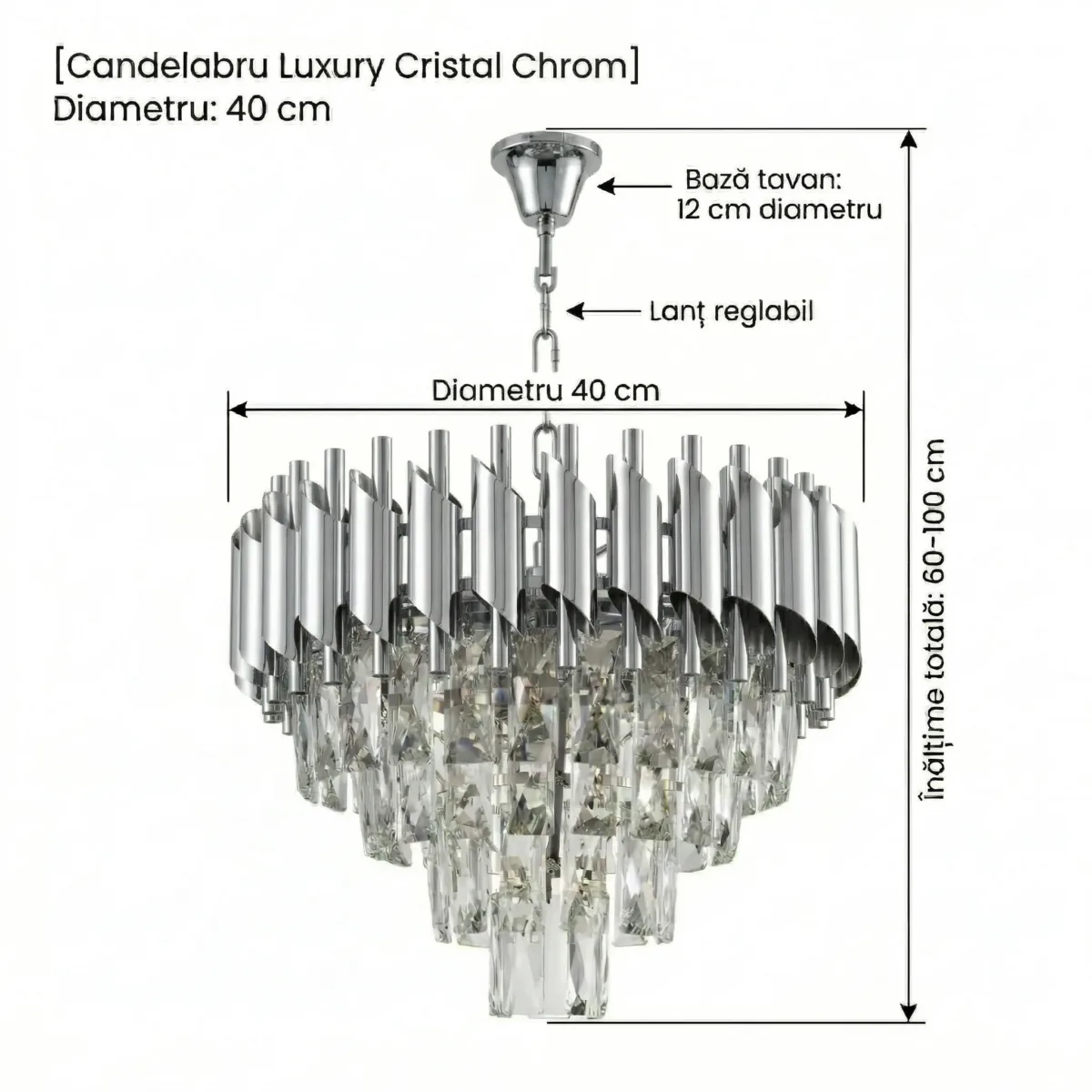 Candelabru Luxury Cristal Chrome 40 cm – Cristal K9 Premium și Metal Argintiu Cromat, 4 Surse E14, Design Modern pentru Living, Dormitor și Birou - imagine 9
