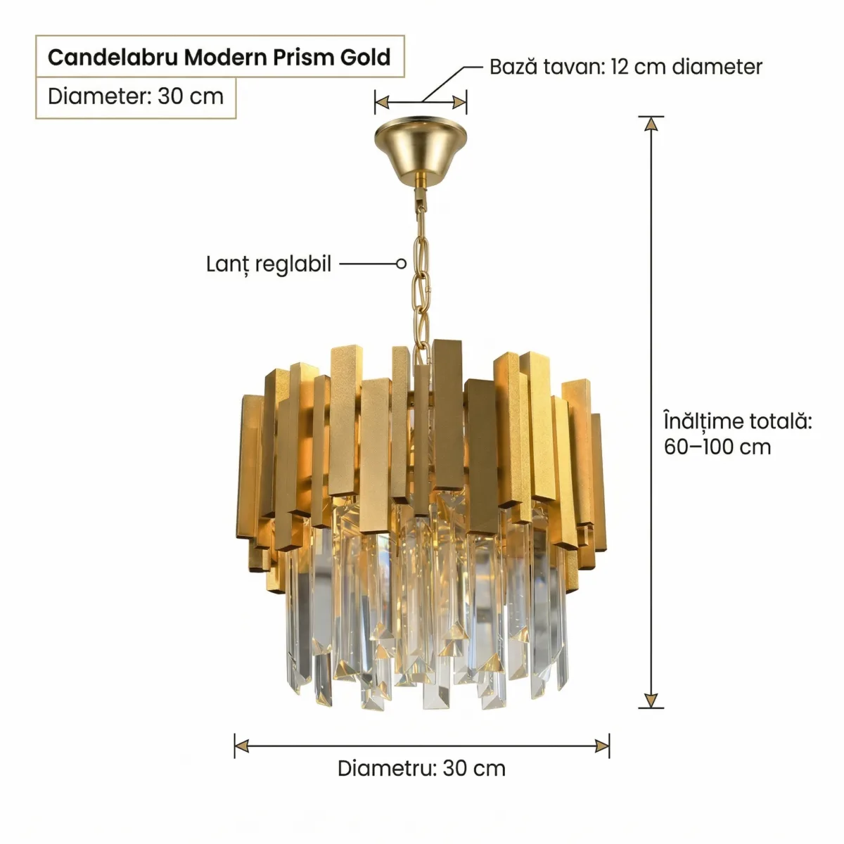 Candelabru Modern Prism Gold 30 cm – Cristal K9 Premium Transparent și Metal Auriu, 3 Becuri E14, Design Exclusiv pentru Holuri, Dormitoare și Zone de Accent - imagine 9