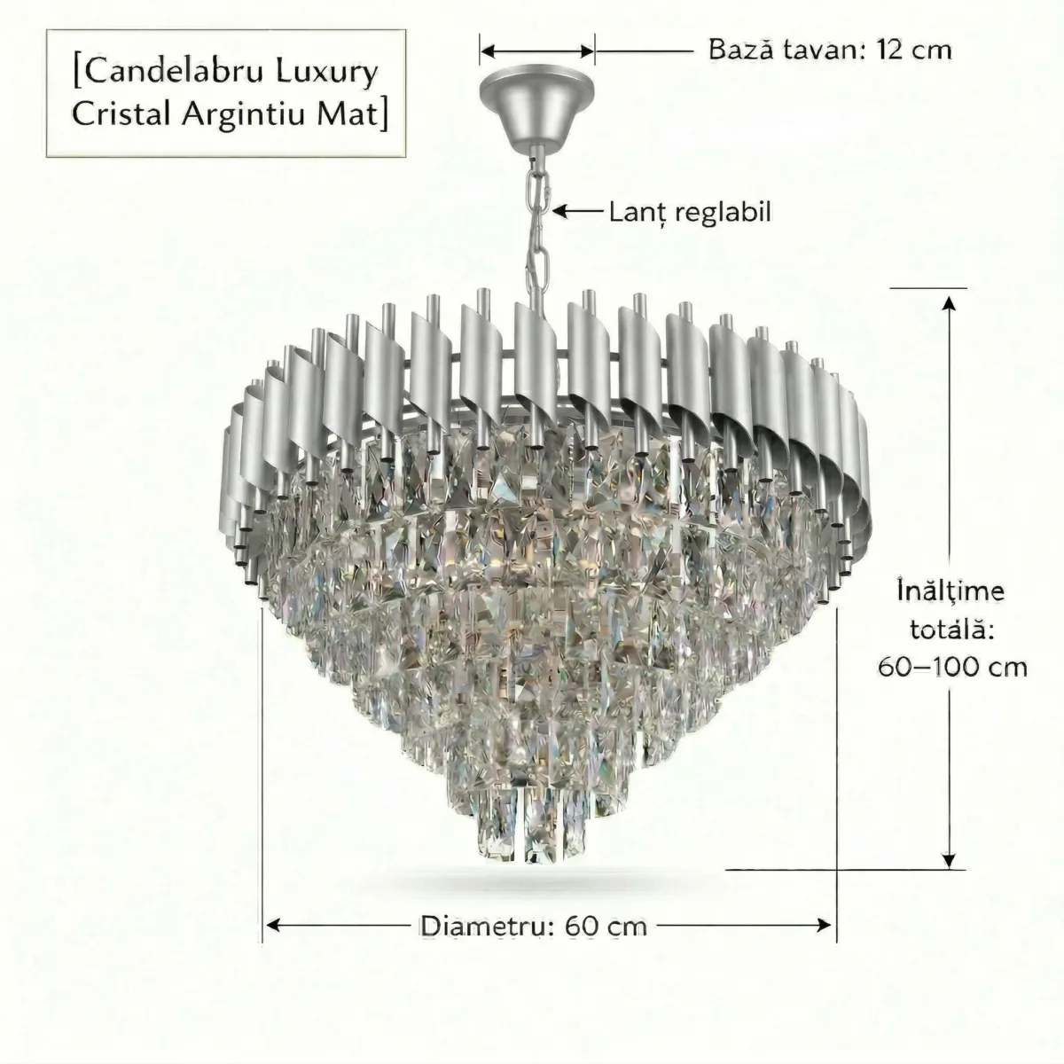 Candelabru Luxury Cristal Chrome 60 cm – Cristal K9 Premium și Metal Argintiu Cromat, 8 Surse E14, Design Modern pentru Living Generos, Lobby și Hotel - imagine 9