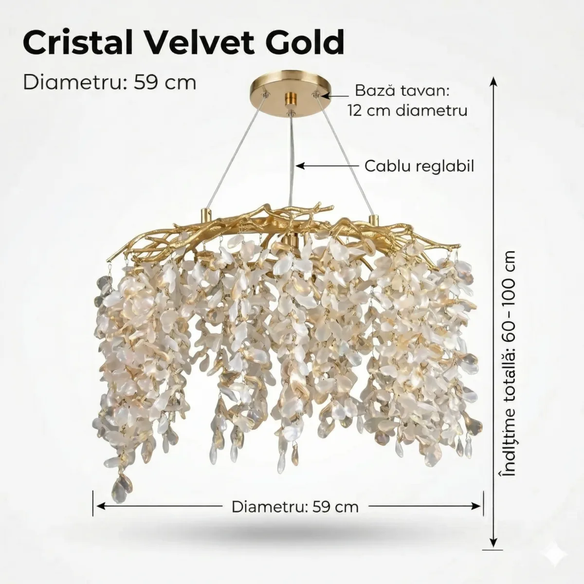 Candelabru Cristal Velvet Gold 59 cm – Cristal K9 Premium și Metal Auriu Gravat, 6 Surse E14, Design Luxos pentru Living, Dining sau Dormitor Master - imagine 8