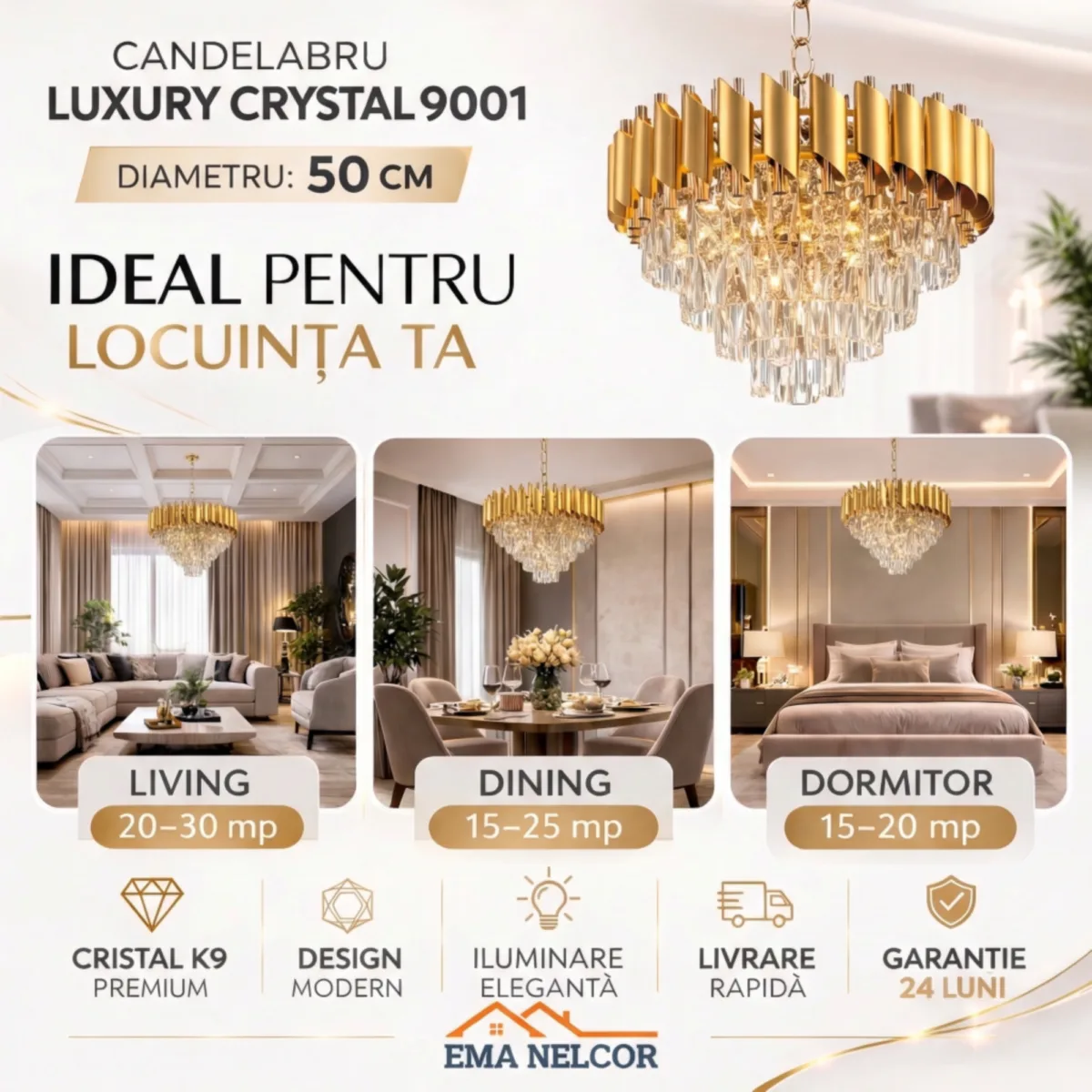 Candelabru Luxury Cristal Gold 50 cm – Cristal K9 Premium și Metal Auriu, 7 Becuri E14, Design Modern pentru Living și Dormitor - imagine 6