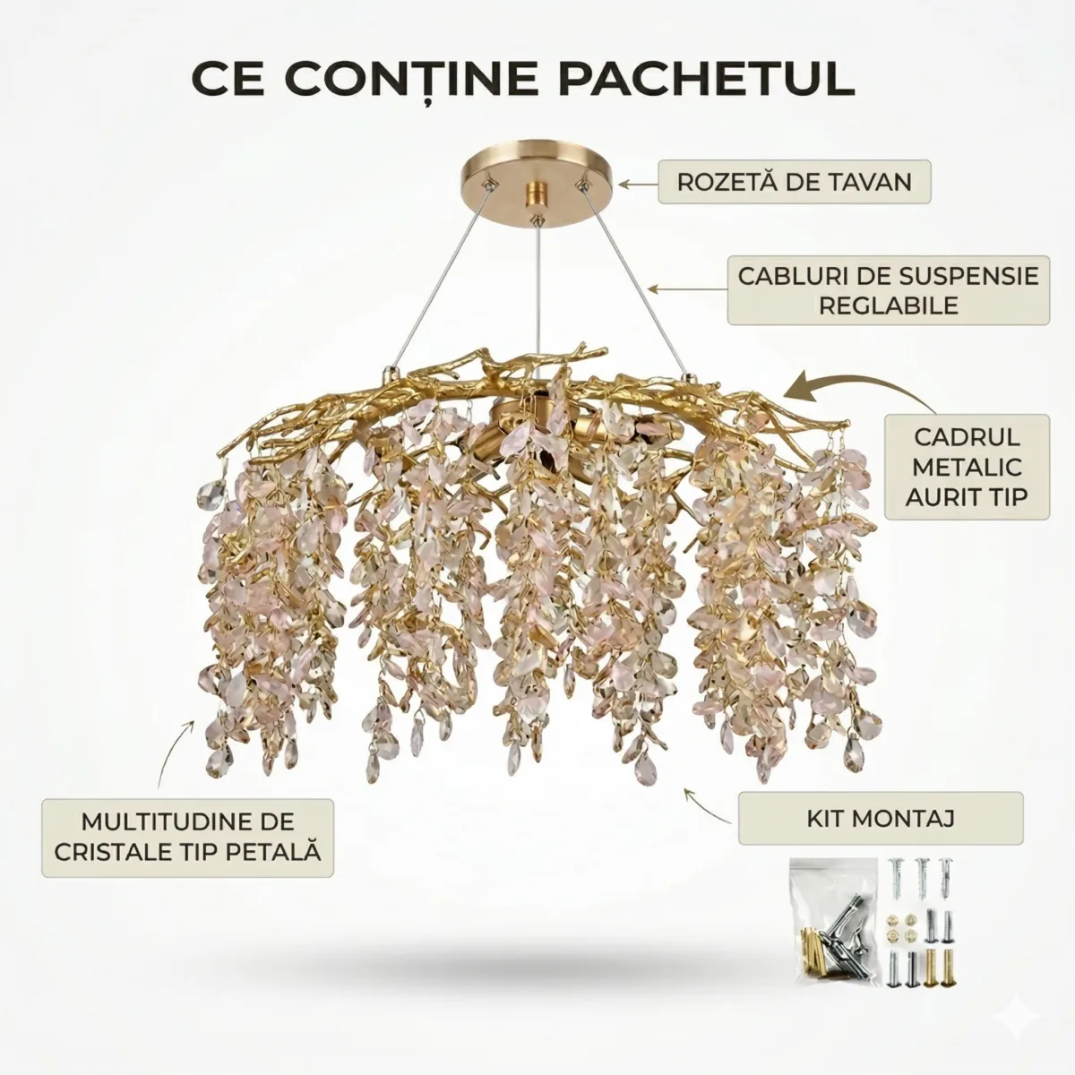 Candelabru Cristal Velvet Gold 59 cm – Cristal K9 Premium și Metal Auriu Gravat, 6 Surse E14, Design Luxos pentru Living, Dining sau Dormitor Master - imagine 7