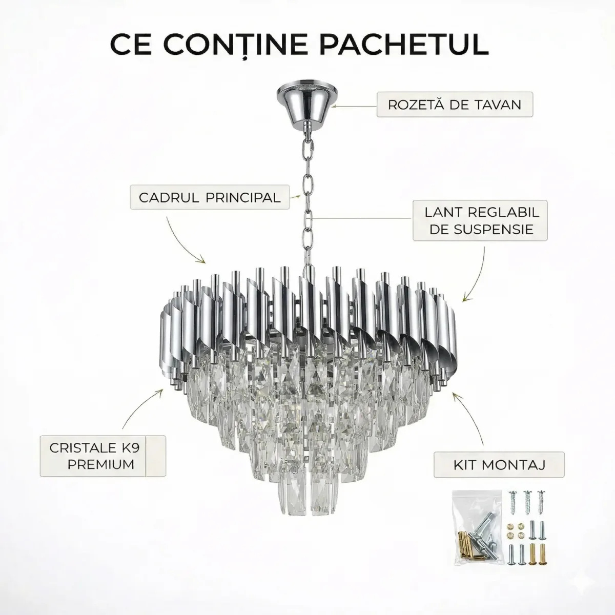 Candelabru Luxury Cristal Chrome 40 cm – Cristal K9 Premium și Metal Argintiu Cromat, 4 Surse E14, Design Modern pentru Living, Dormitor și Birou - imagine 8
