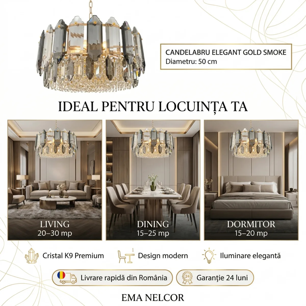 Candelabru Elegant Gold Smoke 50 cm – Cristal K9 Premium Fumuriu și Transparent, 9 Becuri E14, Design Modern de Lux pentru Living, Dining și Zone Rezidențiale - imagine 6