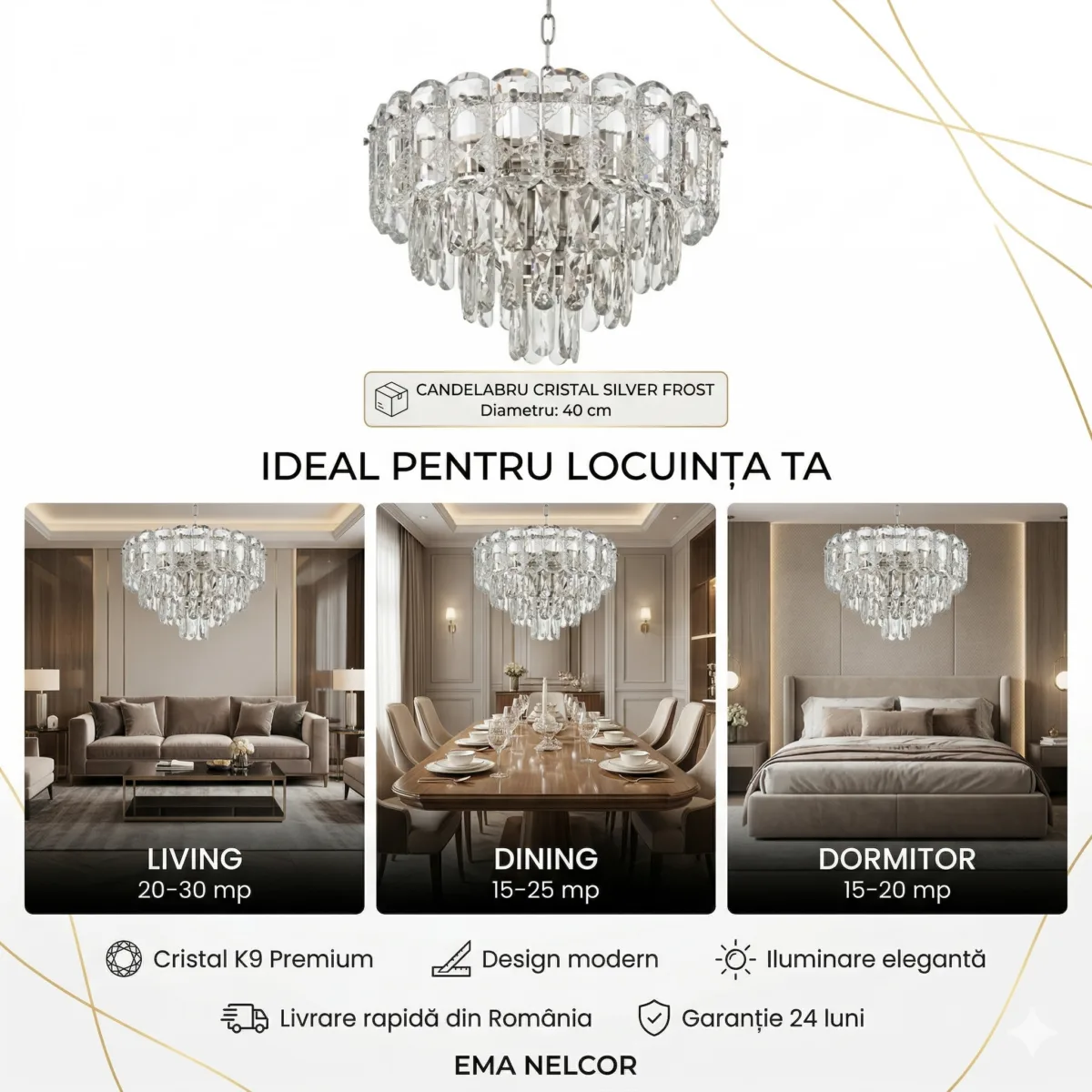 Candelabru Cristal Silver Frost 40 cm – Cristal K9 Premium și Metal Argintiu Satinat, 5 Surse E14, Design Modern Luxos pentru Dormitor, Living și Birou - imagine 6