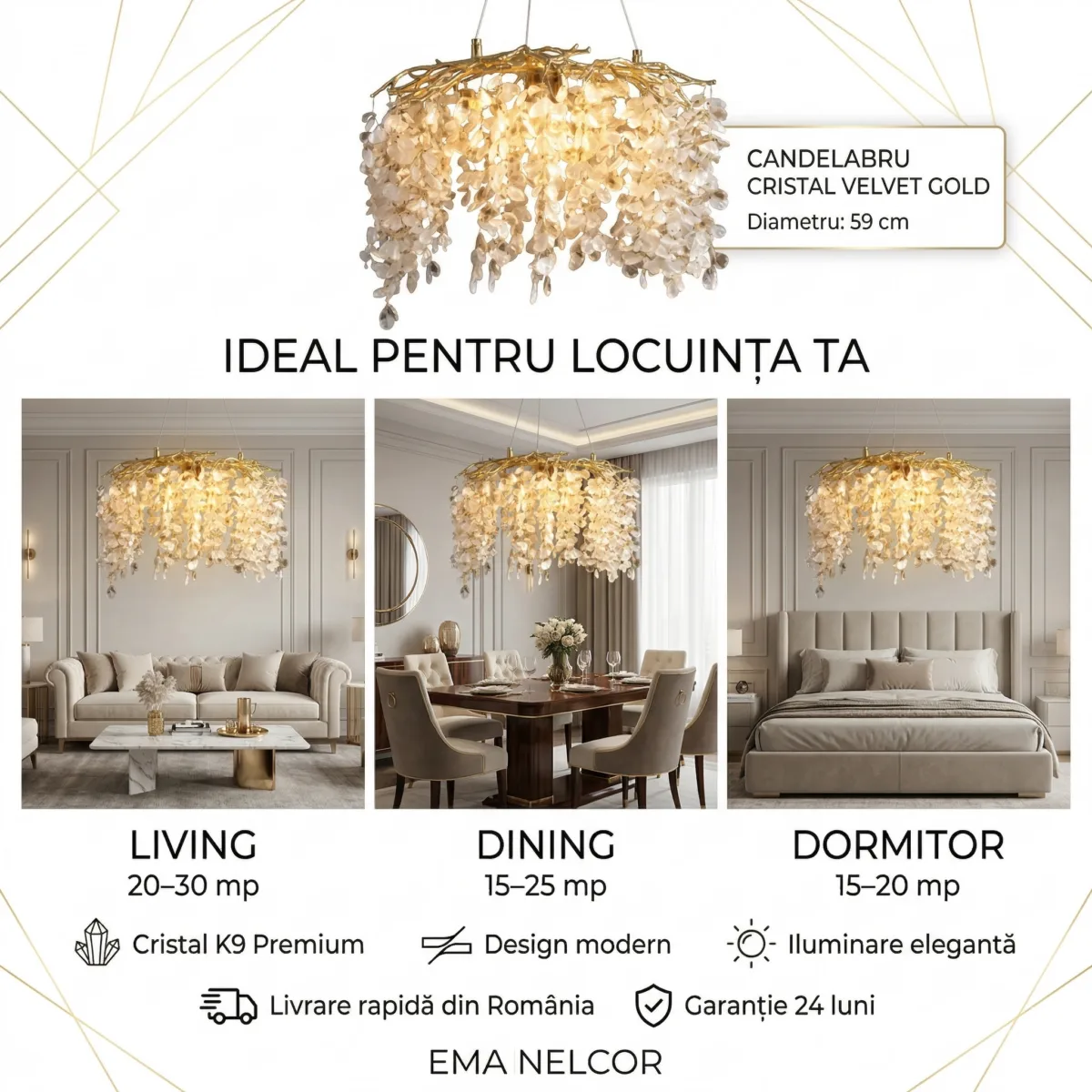 Candelabru Cristal Velvet Gold 59 cm – Cristal K9 Premium și Metal Auriu Gravat, 6 Surse E14, Design Luxos pentru Living, Dining sau Dormitor Master - imagine 5
