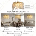 Candelabru Cristal Velvet Gold 59 cm – Cristal K9 Premium și Metal Auriu Gravat, 6 Surse E14, Design Luxos pentru Living, Dining sau Dormitor Master - imagine 5