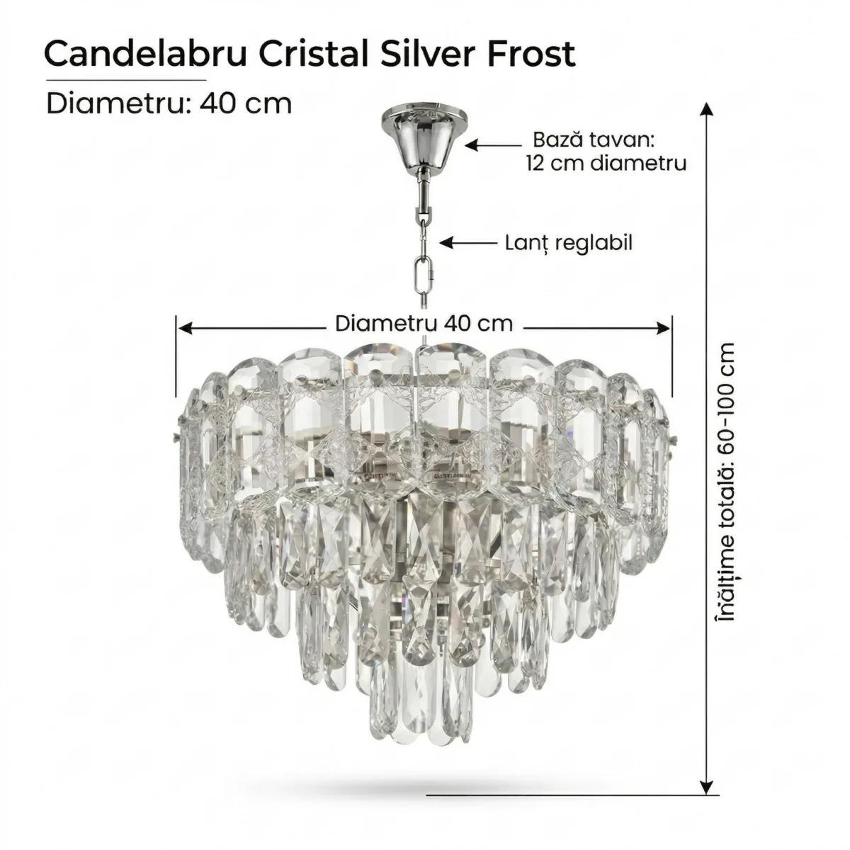 Candelabru Cristal Silver Frost 40 cm – Cristal K9 Premium și Metal Argintiu Satinat, 5 Surse E14, Design Modern Luxos pentru Dormitor, Living și Birou - imagine 9