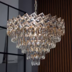 Candelabru Cristal Ice Cascade Golden 50 cm – Cristal K9 Premium și Metal Auriu, 7 Surse E27, Design Modern de Lux pentru Living-uri și Zone de Dining Generoase
