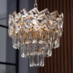 Candelabru Cristal Ice Cascade Golden 30 cm – Cristal K9 Premium și Metal Auriu, 4 Surse E27, Design Geometric de Lux pentru Hol, Dormitor și Living