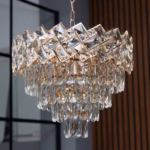 Candelabru Cristal Ice Cascade Golden 40 cm – Cristal K9 Premium și Metal Auriu, 5 Surse E27, Design Modern de Lux pentru Living, Dining și Dormitor Matrimonial
