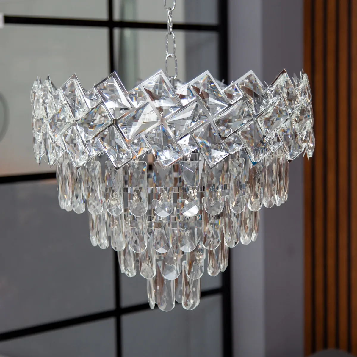 Candelabru Cristal Ice Cascade Chrome 40 cm – Cristal K9 Premium și Metal Argintiu, 5 Surse E14, Design Modern Luxos pentru Living, Dormitor și Birou - imagine 2