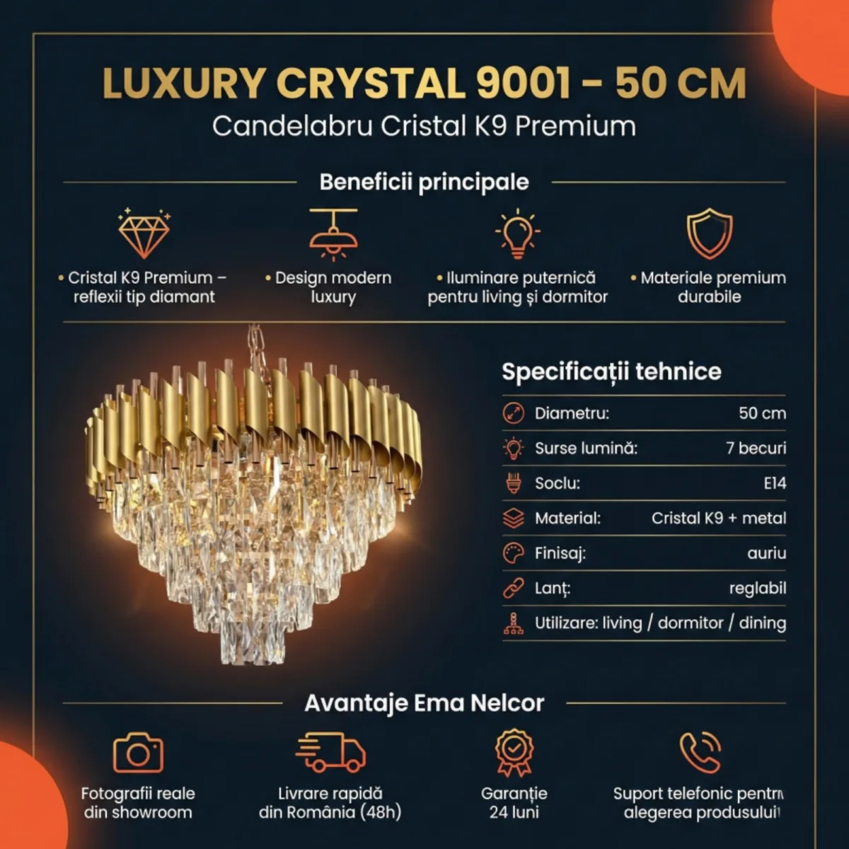 Candelabru Luxury Cristal Gold 50 cm – Cristal K9 Premium și Metal Auriu, 7 Becuri E14, Design Modern pentru Living și Dormitor - imagine 11