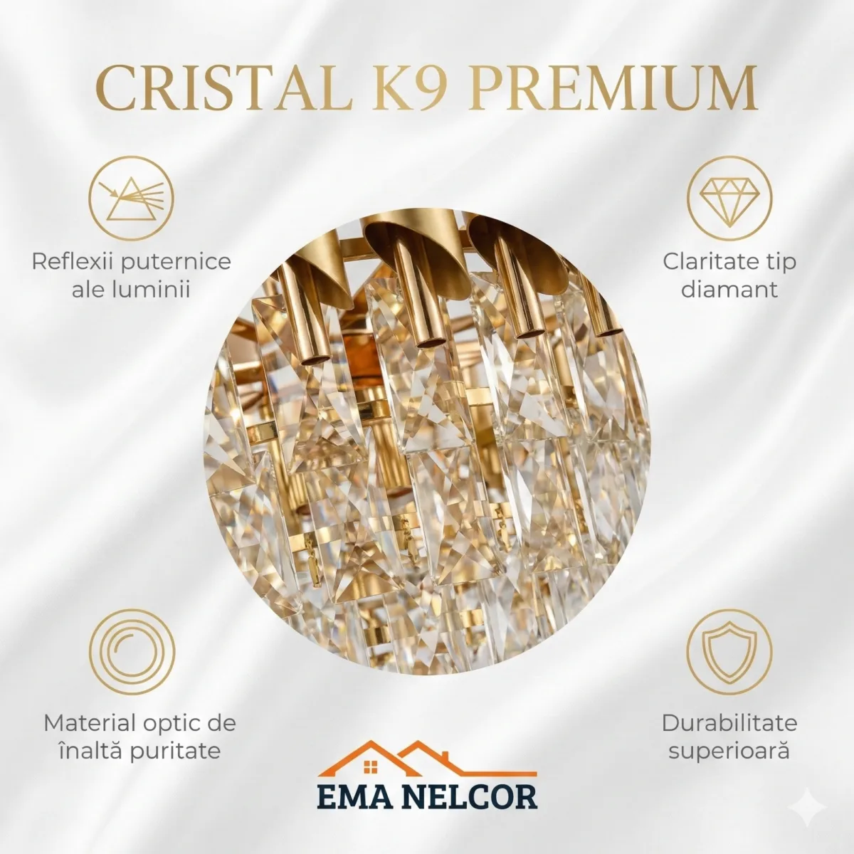 Candelabru Luxury Cristal Gold 30 cm – Metal Auriu și Cristal K9, 3 Becuri E14, Design Modern pentru Living și Hol - imagine 7