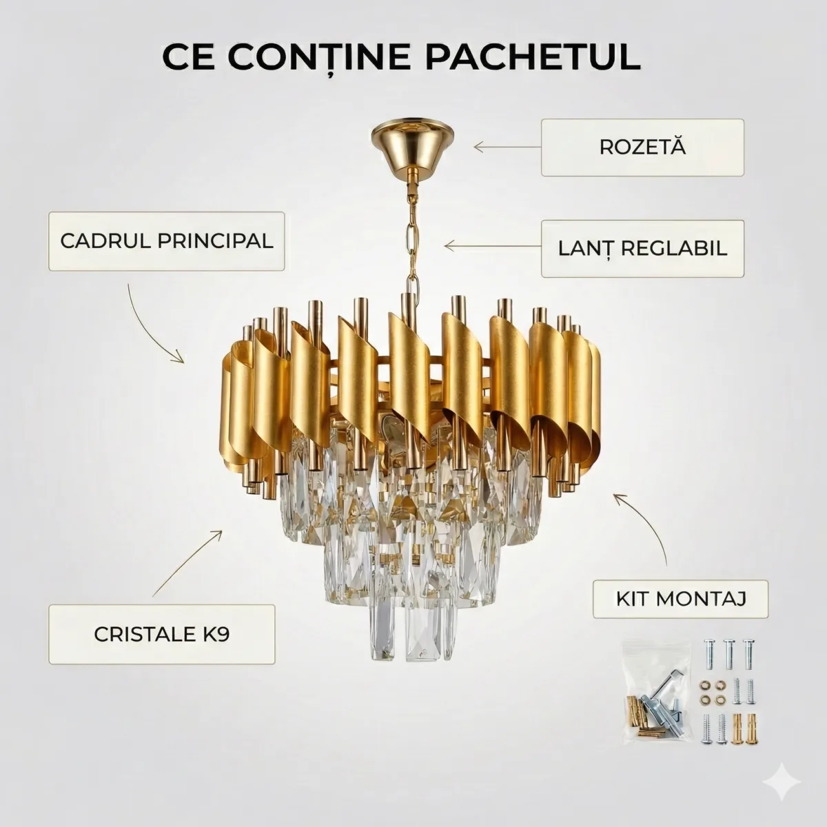 Candelabru Luxury Cristal Gold 30 cm – Metal Auriu și Cristal K9, 3 Becuri E14, Design Modern pentru Living și Hol - imagine 8