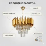 Candelabru Luxury Cristal Gold 30 cm – Metal Auriu și Cristal K9, 3 Becuri E14, Design Modern pentru Living și Hol - imagine 8