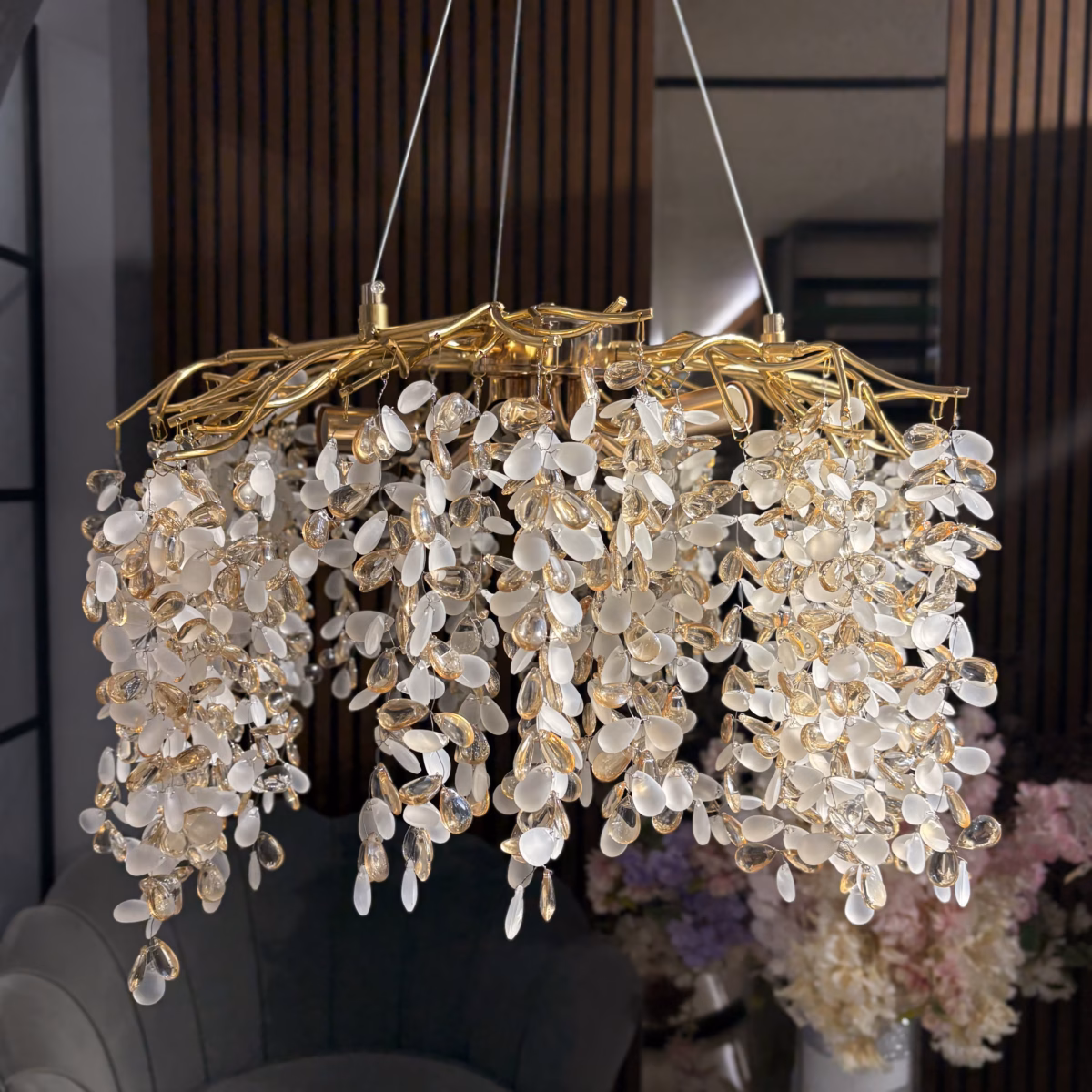 Candelabru Crystal Velvet Gold 59 cm – Design Organic „Tree of Light”, 6 Surse, Finisaj Auriu Antichizat - imagine 2