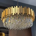 Candelabru Modern Prism Gold 60 cm – Cristal K9 Premium Transparent și Metal Auriu, 10 Becuri E27, Design Exclusiv pentru Living, Dining și Spații Grandioase