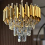 Candelabru Luxury Cristal Gold 30 cm – Metal Auriu și Cristal K9, 3 Becuri E27, Design Modern pentru Living și Hol