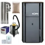 Pachet centrala cu peleti KOPH PM 30 kW, 200 mp, buncar peleti 30 kg, diametru cos fum ⌀80 mm, manta apa 30 litri, pompa recirculare si vas expansiune incorporate, Negru
