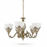 Candelabru Clasic Vintage Bronze – Lustră cu 5 Surse de Lumină, Abajururi din Sticlă Mată și Detalii Filigran, Ideal pentru Living sau Dining