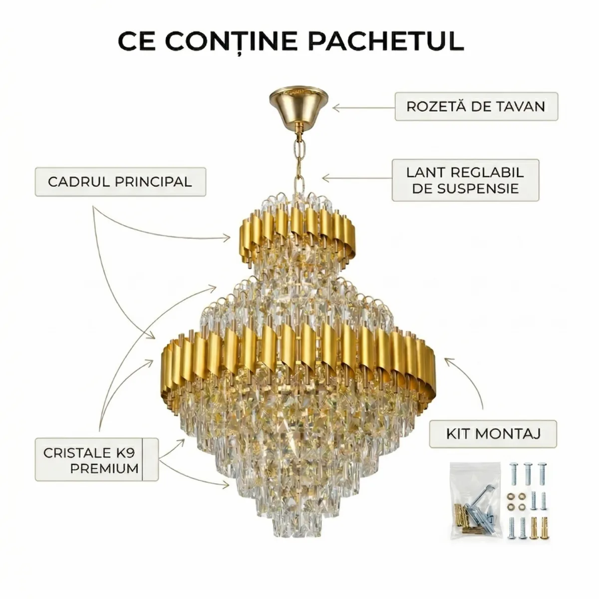 Candelabru Luxury Cristal Gold – Palace Edition 60x100 cm – Capodoperă Monumentală pe Mai Multe Niveluri, 15 Becuri, Cristal K9 Premium și Metal Auriu, Ideal pentru Scări Interioare și Tavane Înalte - imagine 8
