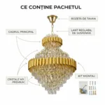 Candelabru Luxury Cristal Gold – Palace Edition 60x100 cm – Capodoperă Monumentală pe Mai Multe Niveluri, 15 Becuri, Cristal K9 Premium și Metal Auriu, Ideal pentru Scări Interioare și Tavane Înalte - imagine 8
