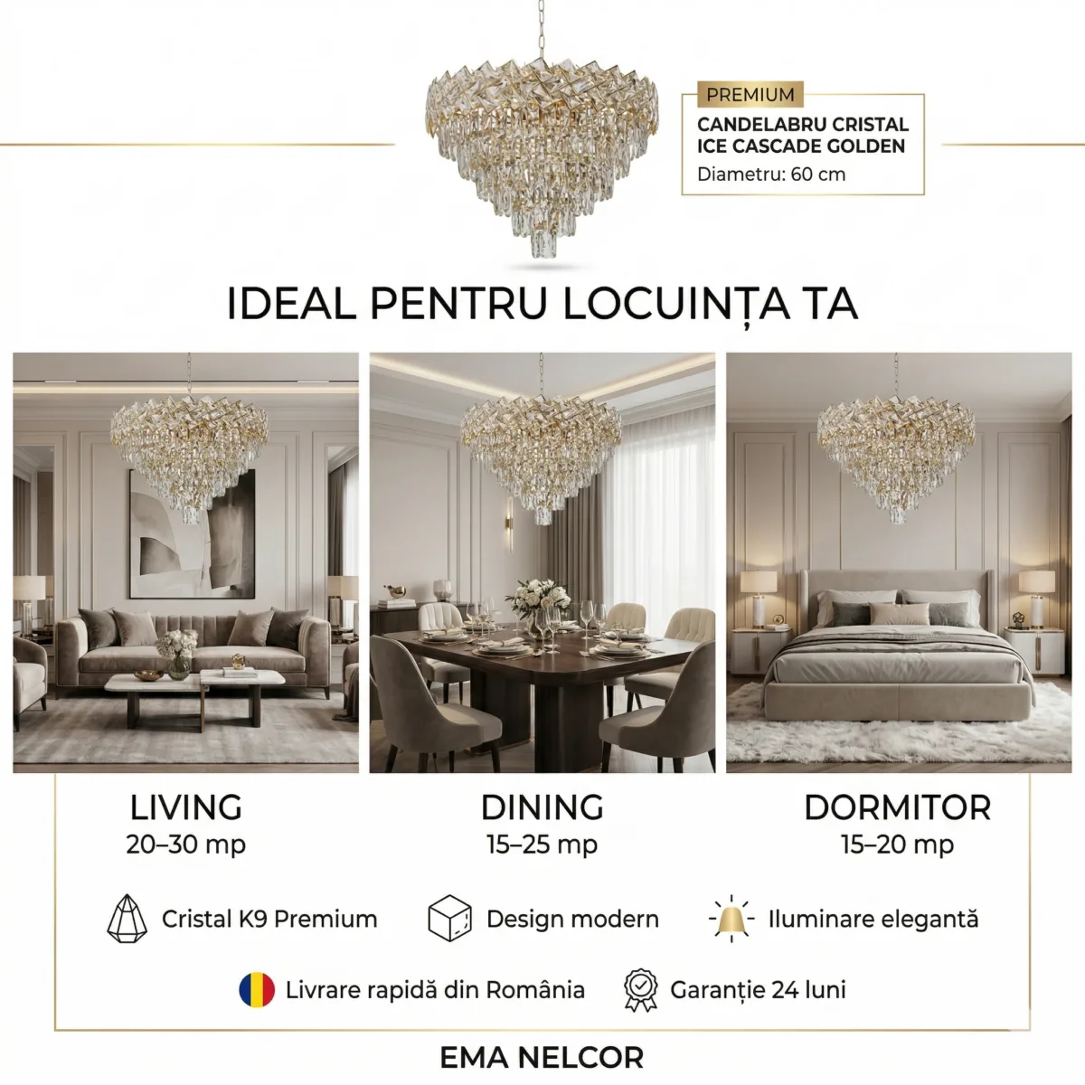 Candelabru Cristal Ice Cascade Golden 60 cm – Cristal K9 Premium și Metal Auriu, 8 Surse E14, Design Modern de Lux pentru Living-uri și Dormitoare - imagine 6