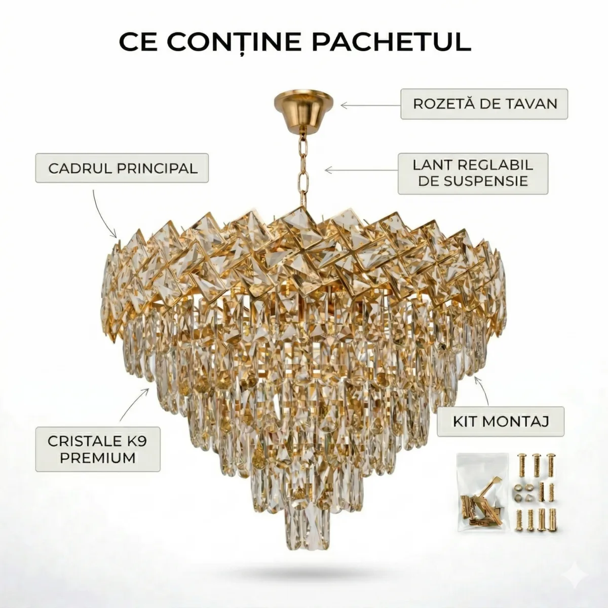 Candelabru Cristal Ice Cascade Golden 60 cm – Cristal K9 Premium și Metal Auriu, 8 Surse E14, Design Modern de Lux pentru Living-uri și Dormitoare - imagine 8