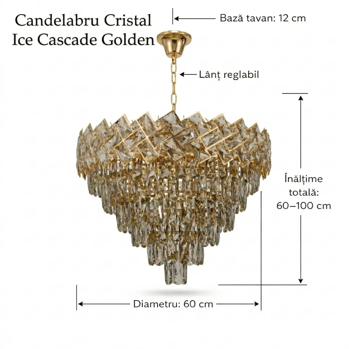Candelabru Cristal Ice Cascade Golden 60 cm – Cristal K9 Premium și Metal Auriu, 8 Surse E14, Design Modern de Lux pentru Living-uri și Dormitoare - imagine 9