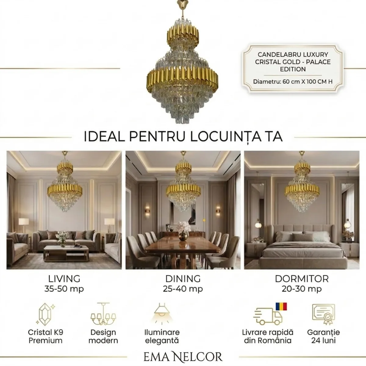 Candelabru Luxury Cristal Gold – Palace Edition 60x100 cm – Capodoperă Monumentală pe Mai Multe Niveluri, 15 Becuri, Cristal K9 Premium și Metal Auriu, Ideal pentru Scări Interioare și Tavane Înalte - imagine 6