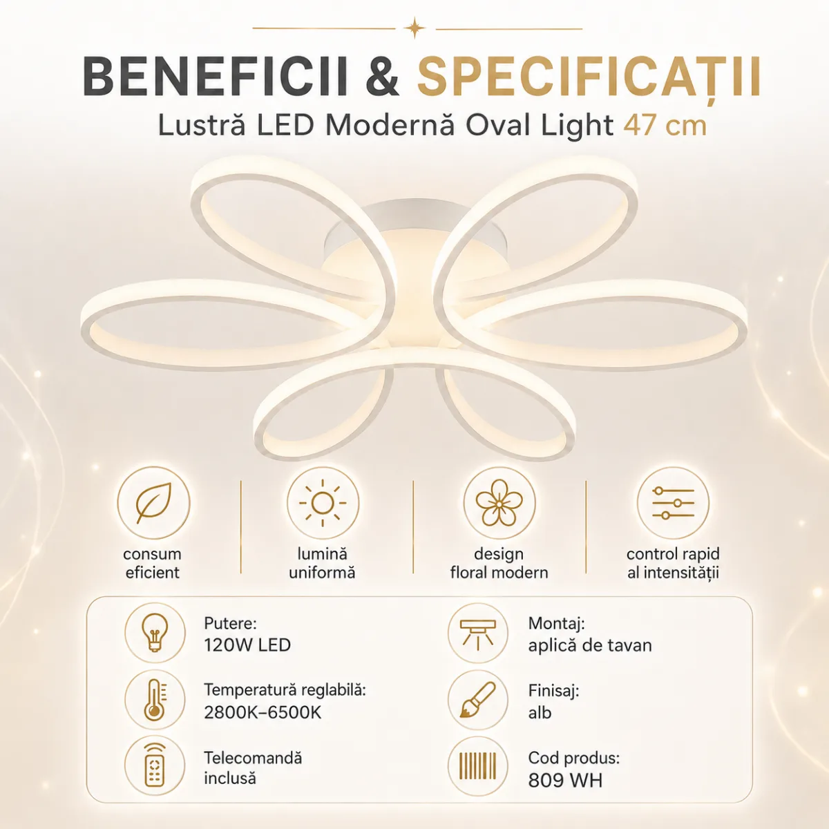 Lustră LED Modernă Oval Light 47 cm – Metal Alb și Acril Mat, 6 Surse LED Integrate, Design Elegant pentru Dormitor, Living și Holr - imagine 4