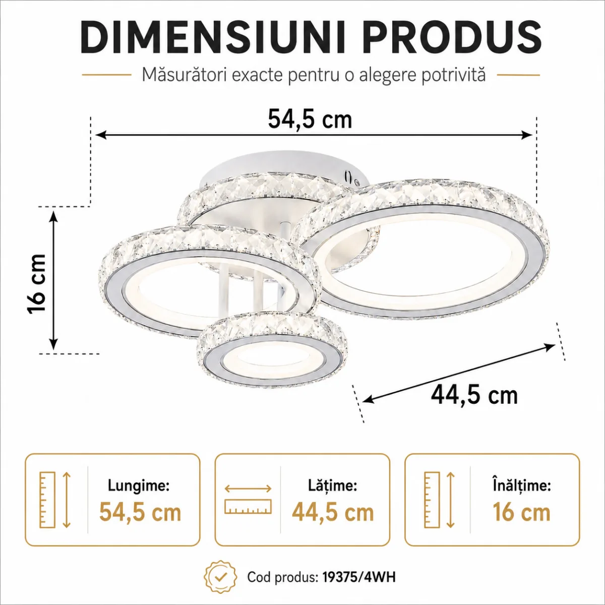 Lustră LED Modernă Cristal Rings 54,5 cm – Metal Cromat și Cristal Acrilic, 3 Surse LED Integrate, Design Elegant pentru Living, Dormitor și Dining - imagine 5