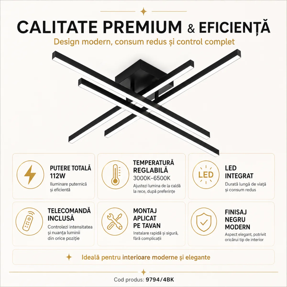 Lustră LED Modernă Black Linear 85 cm – Metal Negru și Acril Alb, 4 Surse LED Integrate, Design Minimalist pentru Living, Dining și Dormitor - imagine 4