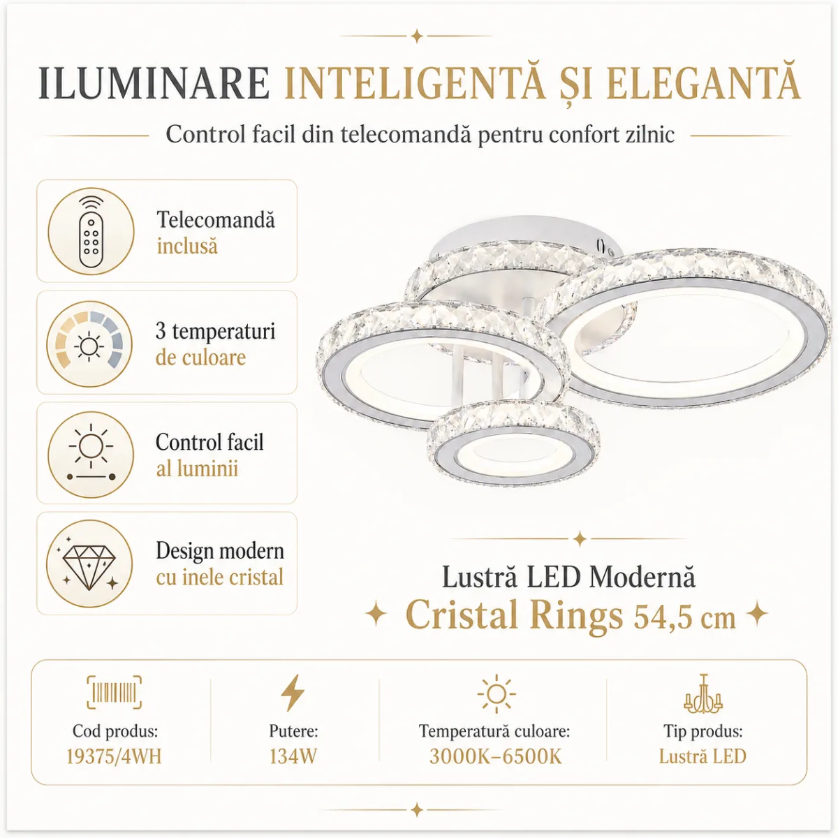 Lustră LED Modernă Cristal Rings 54,5 cm – Metal Cromat și Cristal Acrilic, 3 Surse LED Integrate, Design Elegant pentru Living, Dormitor și Dining - imagine 7
