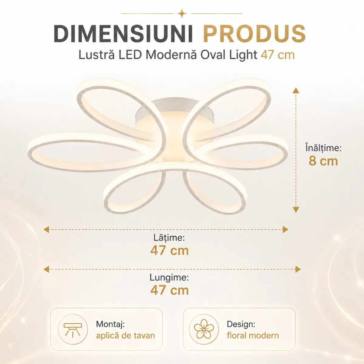 Lustră LED Modernă Oval Light 47 cm – Metal Alb și Acril Mat, 6 Surse LED Integrate, Design Elegant pentru Dormitor, Living și Holr - imagine 6
