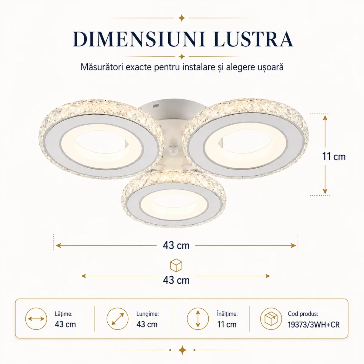 Lustră LED Modernă Cercuri Cristal 43 cm – Metal Cromat și Cristal Acrilic, 3 Surse LED Integrate, Design Elegant pentru Dormitor, Hol și Living - imagine 6
