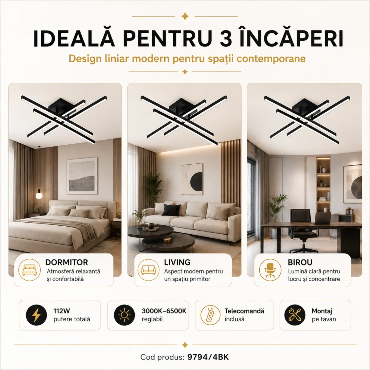 Lustră LED Modernă Black Linear 85 cm – Metal Negru și Acril Alb, 4 Surse LED Integrate, Design Minimalist pentru Living, Dining și Dormitor - imagine 6