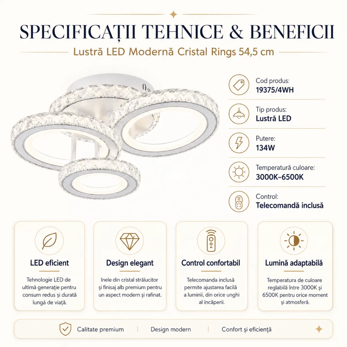 Lustră LED Modernă Cristal Rings 54,5 cm – Metal Cromat și Cristal Acrilic, 3 Surse LED Integrate, Design Elegant pentru Living, Dormitor și Dining - imagine 4