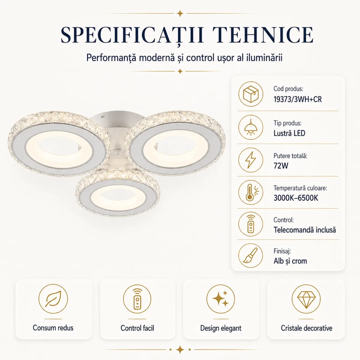 Lustră LED Modernă Cercuri Cristal 43 cm – Metal Cromat și Cristal Acrilic, 3 Surse LED Integrate, Design Elegant pentru Dormitor, Hol și Living - imagine 4