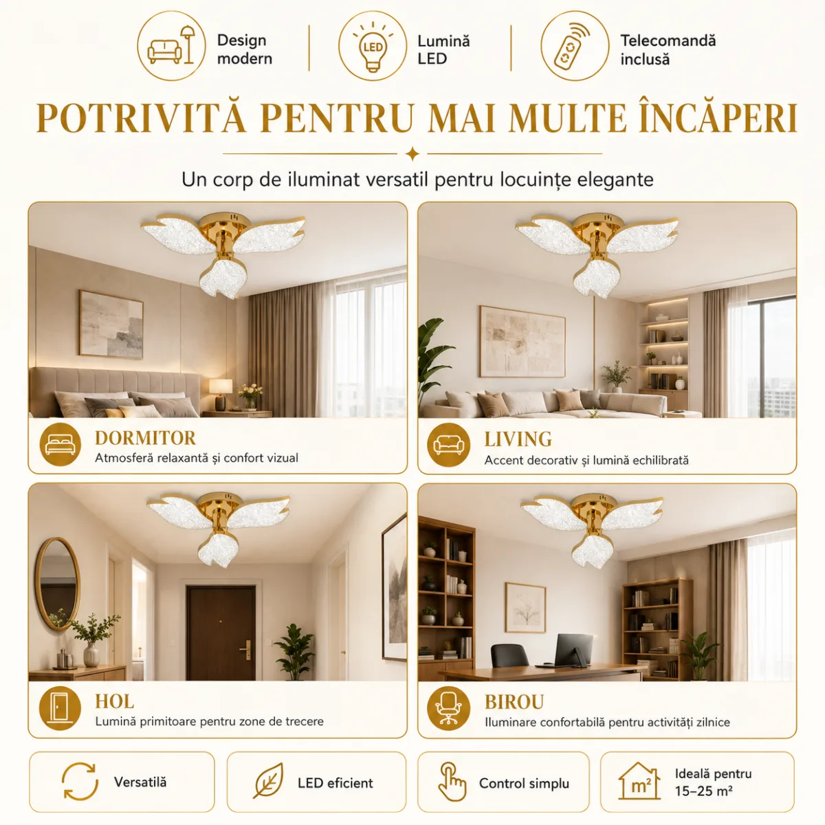 Lustră LED Modernă Petale Gold 54 cm – Metal Auriu și Acril Cristal, 3 Surse LED Integrate, Design Elegant pentru Living și Dormitor - imagine 4