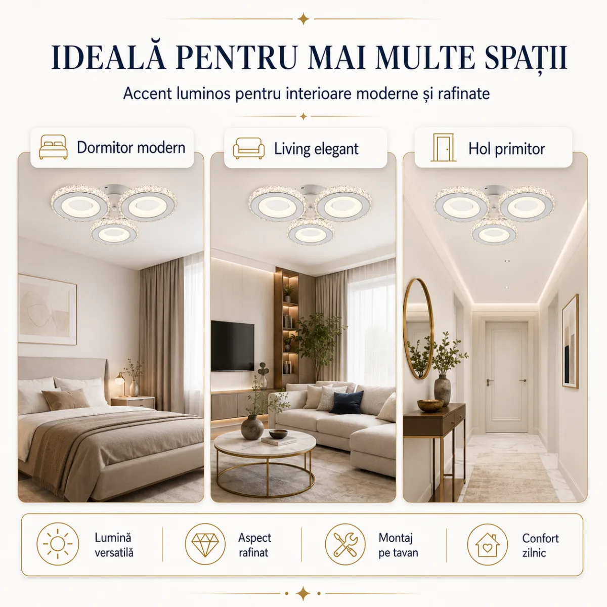 Lustră LED Modernă Cercuri Cristal 43 cm – Metal Cromat și Cristal Acrilic, 3 Surse LED Integrate, Design Elegant pentru Dormitor, Hol și Living - imagine 3
