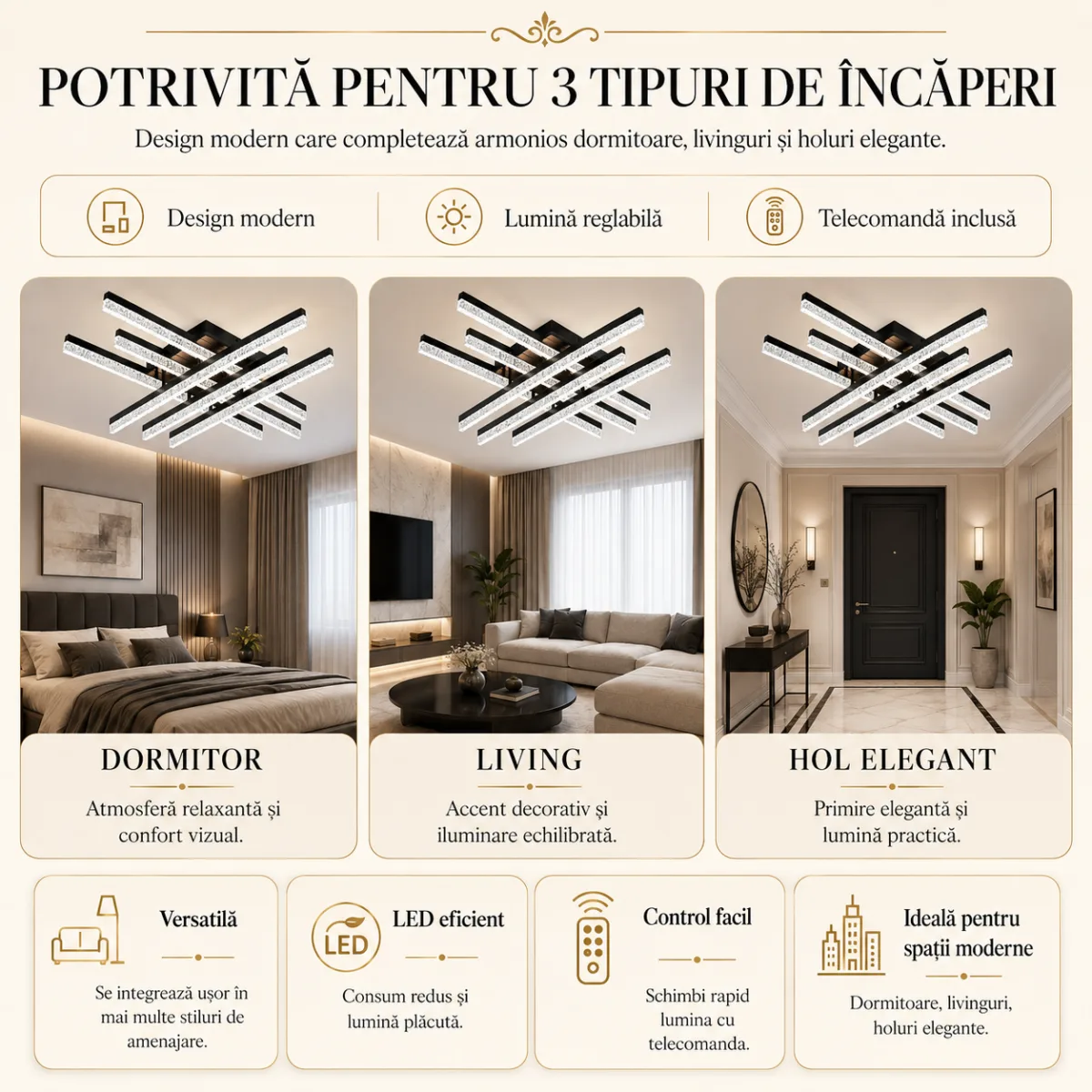 Lustră LED Modernă Cristal Line 72 cm – Metal Negru și Cristal Acrilic, 6 Surse LED Integrate, Design Premium pentru Living, Dining și Dormitor - imagine 3